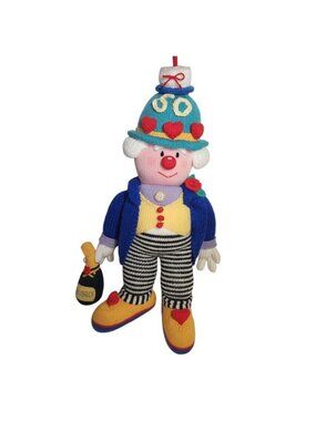 Knitted "50" Birthday Clown Ornament Champagne Bottle‎ Red Hearts Teal Hat 23"